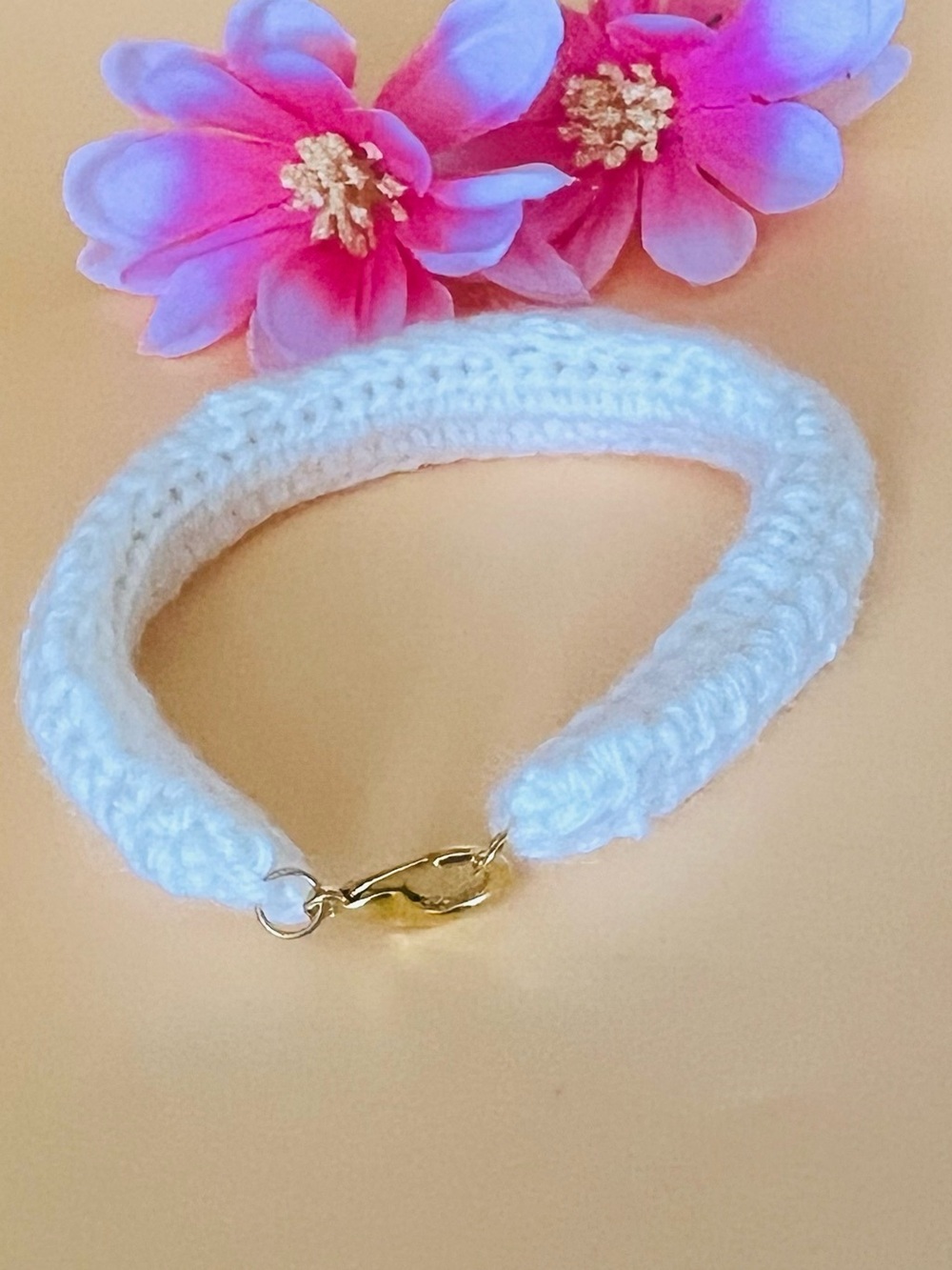 Handcrafted White crochet Bracelet with Gold Clasp